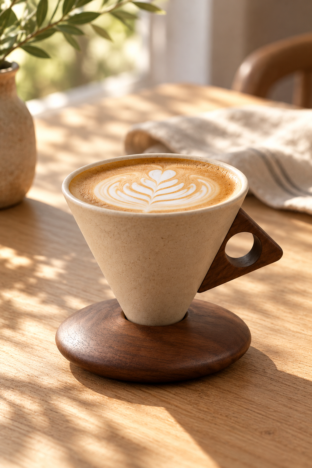Ahşap masada ceviz altlıklı koni fincanda latte, sabah ışığı