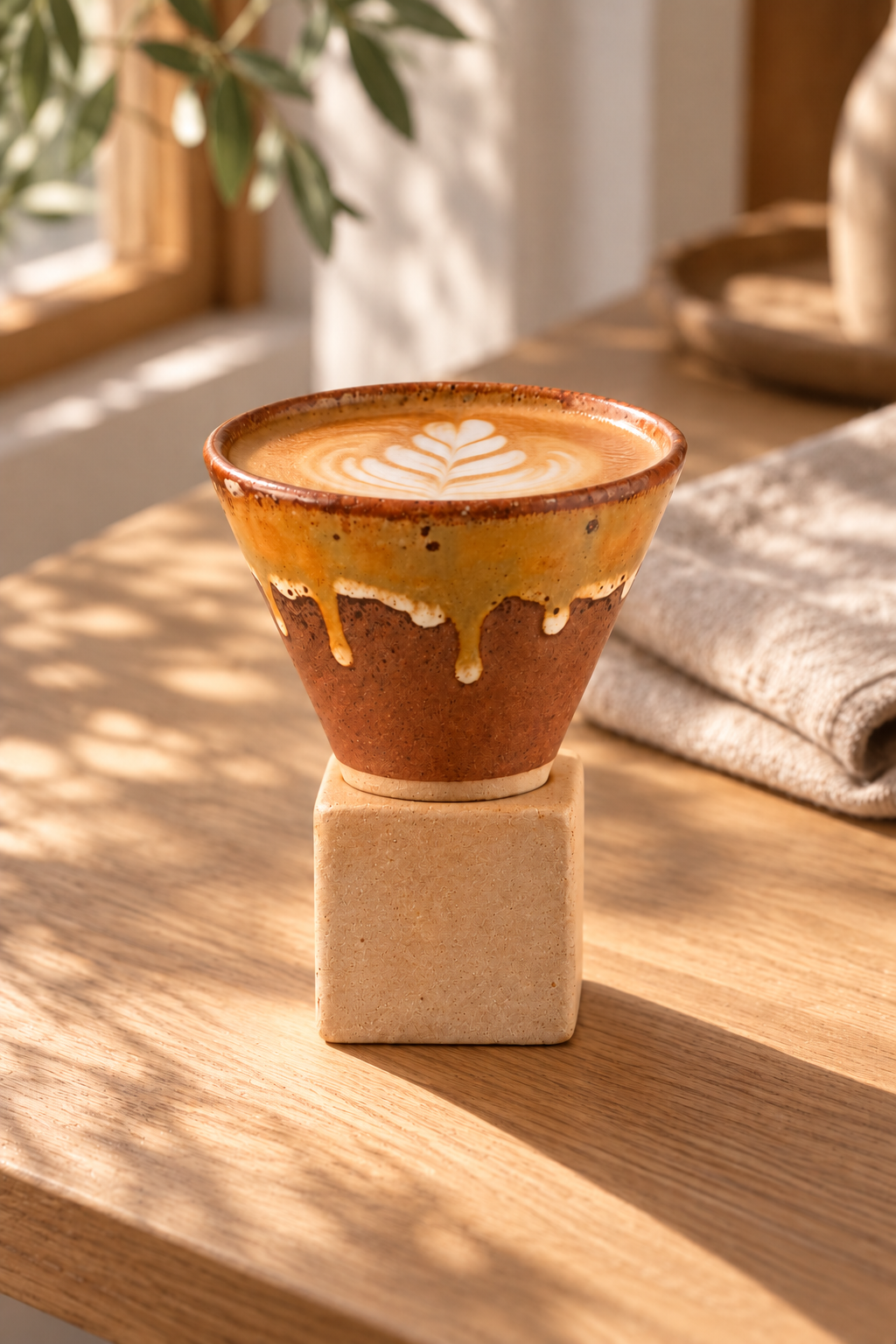 Ahşap masada taş kaideli akan sırlı fincanda latte, sabah ışığı