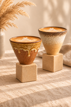 İki taş kaideli akan sırlı koni fincanda latte, 2'li set